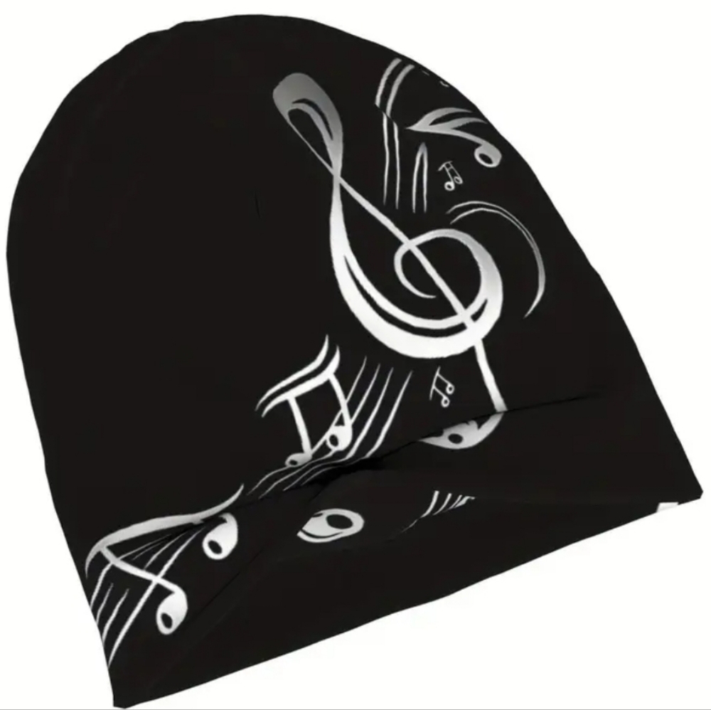 Black Slouch Beanie with White Musical Notes
